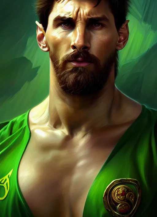 Image similar to portrait of aggressive messi, d & d, muscular! green, fantasy, intricate, elegant, highly detailed, digital painting, artstation, concept art, smooth, sharp focus, illustration, art by artgerm and greg rutkowski and alphonse mucha