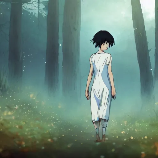 Image similar to anime, incredible wide screenshot, ultrawide, simple watercolor, rough paper texture, ghost in the shell movie scene, girl in a dress walking through the beautiful forest, outdoors, fireflies!!!, fog, dust