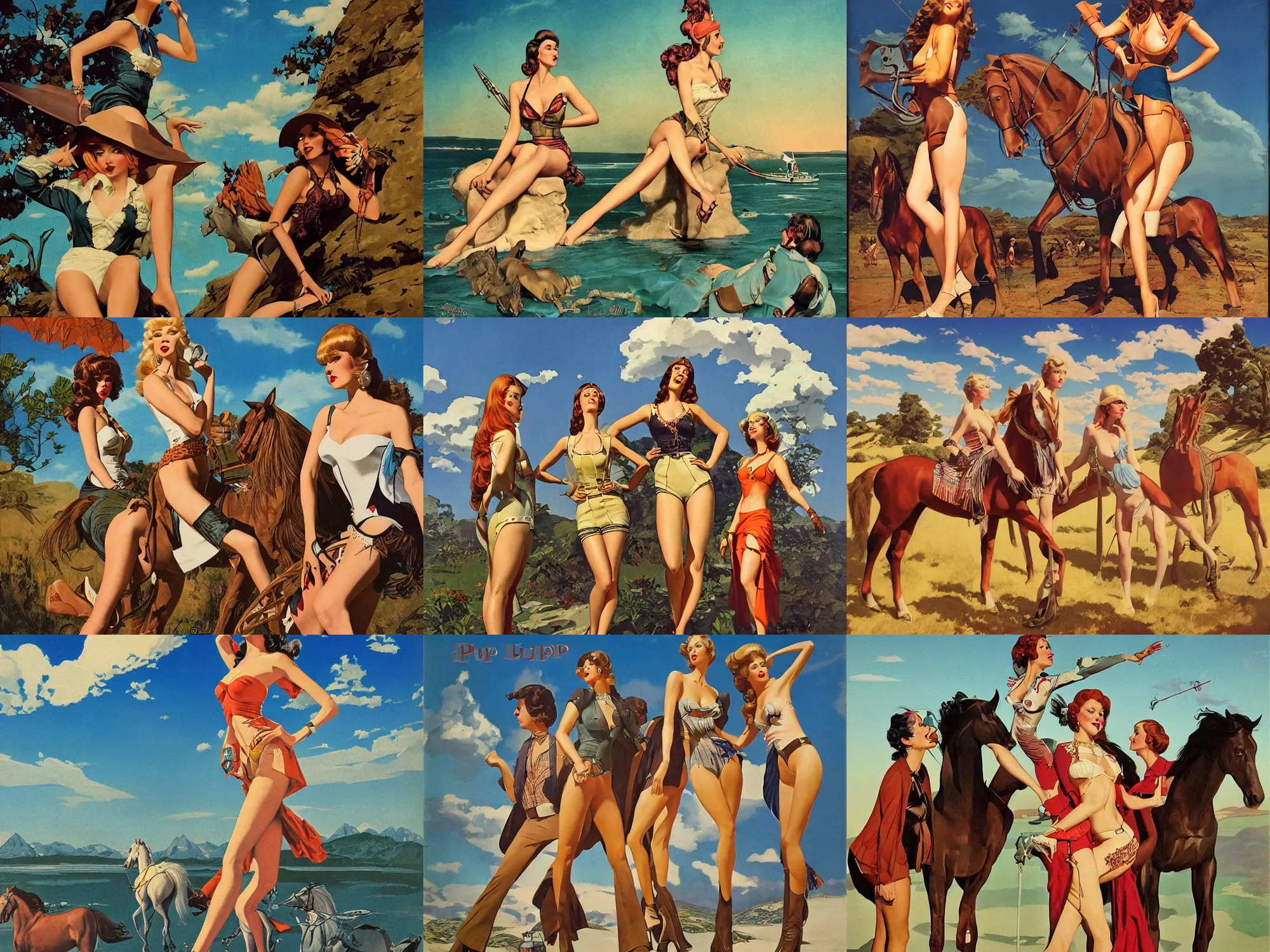 Prompt: pulp art, artwork by Joseph Leyendecker and Robert McGinnis and Alfred Henry Maurer, 3d octane blender render, Hipple and boho fashion 1970s, nature sky river, pin up girl horses, progressive rock album cover