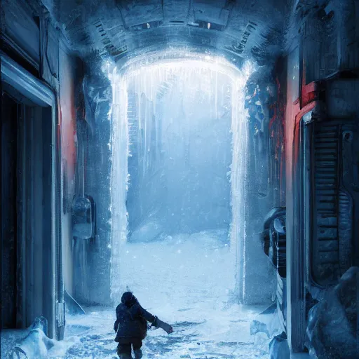 Image similar to a gigantic door graved in ice in a cold ice snow environment, ultrafine highly detailed hyper colorful illustration, sharp focus, rozalski, craig mullins, federico pelat, unreal engine highly rendered, global illumination, radiant light, intricate and detailed environment