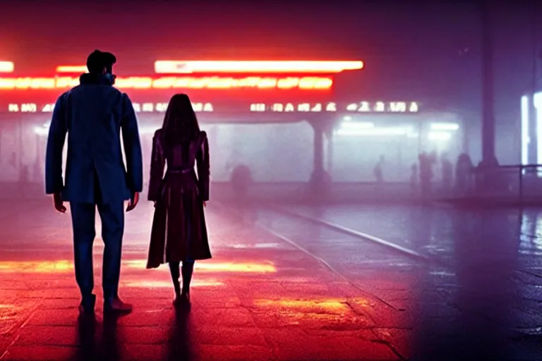 Image similar to film still of closeup beautiful model indian couple in blade runner 2 0 4 9, train station, cinematic, moody, gritty neon noir by emmanuel lubezki