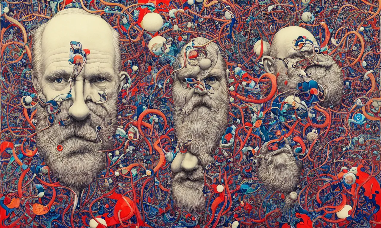 Prompt: conference at modern day uno headquarters, news segment, cnn, meeting of philosophers, a lot of old white men with big beards speaking about the soul, the infinite, and the nature of existence, painting by james jean