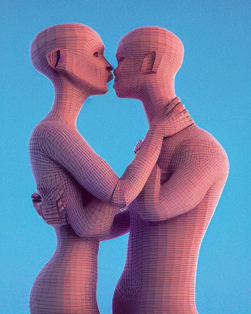 Image similar to 3 d render of kissing couple with profile picture by luis toledo and alex grey and beeple, neosurrealism. digital art, pixel art, concept art, octane render, trending on cgsociety, trending on artstation