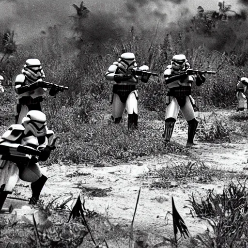 Image similar to star wars clone troopers combat soldiers in vietnam, photo, old picture, lush landscape, jungle, firearms, explosions, helicopters, aerial combat, active battle zone, flamethrower, air support, jedi, land mines, gunfire, violent, star destroyers, star wars lasers, sci - fi, jetpacks, agent orange, bomber planes, smoke, trench warfare