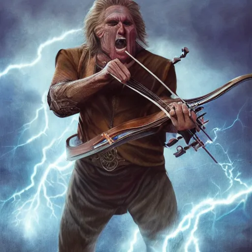 Prompt: detailed photo of a Half-orc bard portrayed by Gary Busey playing a fiddle, 8k,by Tristan Eaton, Stanley Artgermm, Tom Bagshaw, Greg Rutkowski, Carne Griffiths, trending on DeviantArt, face enhance, hyper detailed ,full of color, dramatic lightning, epic stance