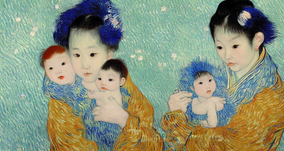 Prompt: A digital painting of a Japanese baby girl hold a blue furry bird, full of love and peace, storm outside the window, art by Vincent van Gogh and Gustav Klimt