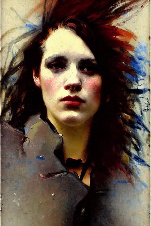 Image similar to impressionist brushstrokes!!!! solomon joseph solomon and richard schmid and jeremy lipking victorian loose genre loose painting full length portrait painting of a young beautiful woman punk rocker