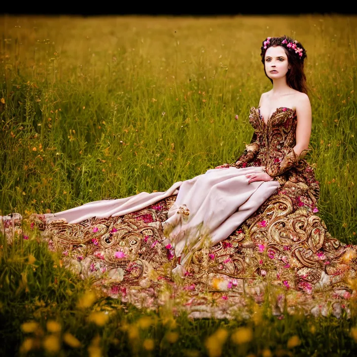 Prompt: portrait photo of an extremely beautiful woman in ornate gown sitting in an endless meadow. extremely detailed. dslr. 8 5 mm.