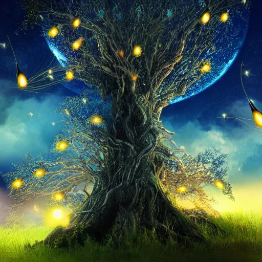Prompt: photo of a mystical giant tree full of fireflies, blue golden leafs, fantasy world, ultra realistic details