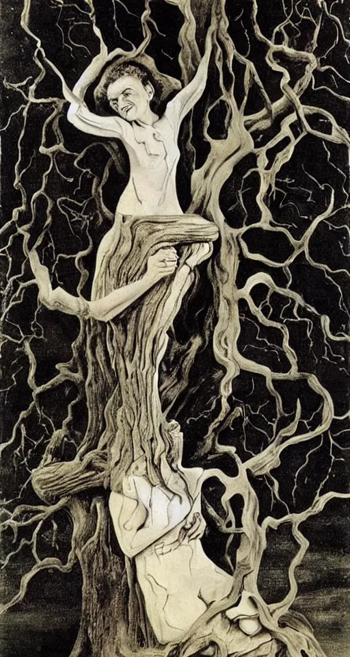 Image similar to Marie Curie hugging a tree by Salvador Dalí