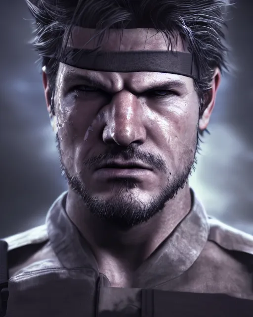 Image similar to solid snake portrait, cinematic lighting, anguished crying screaming black atmospheric background, 4 k photography hdr