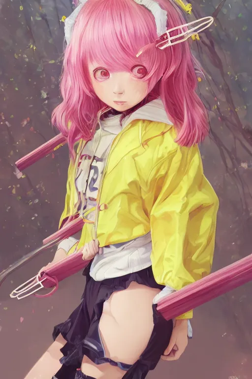 Prompt: lovely japanese girl, pink hair covered with hairpins, big eyes, yellow lolita jacket, huge schoolbag, pink shorts, inflatable sandals. future technology,, fantasy art by saruei and guweiz and ilya kuvshinov, sleek curves, intricate sharp focus, trending on artstation hq, deviantart, pinterest, unreal engine 5, 4 k uhd image