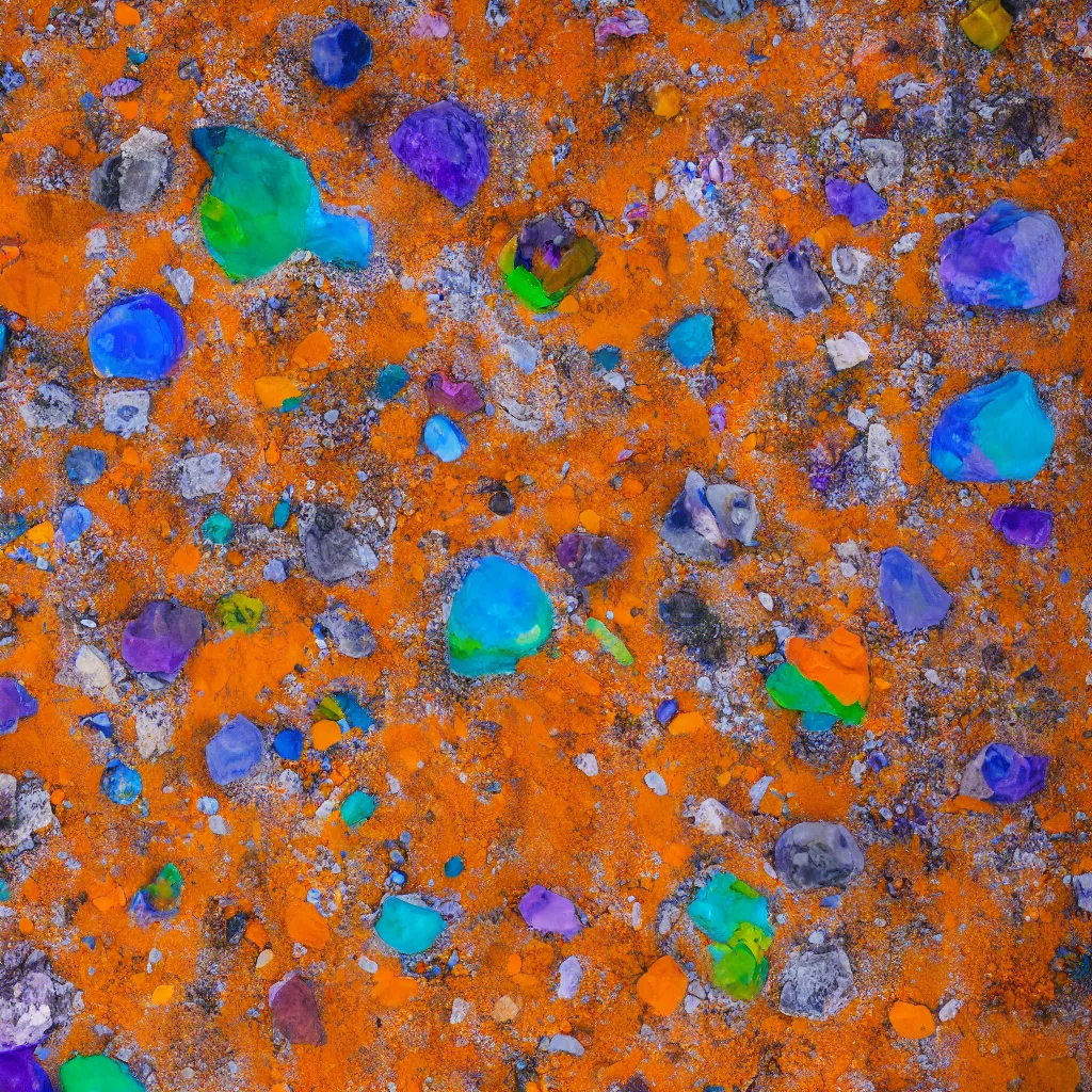 Image similar to bismuth boulders, orange sand desert with colorful pools of bright milky paint, birds eye view