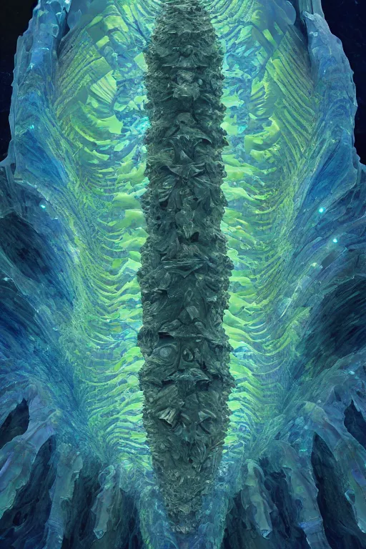 Image similar to a crystalline 3 d mandelbulb fractal in the shape of a monster, bioluminescent opal, fractal, magnificent lighting, ethereal, ray tracing, octane, holographic