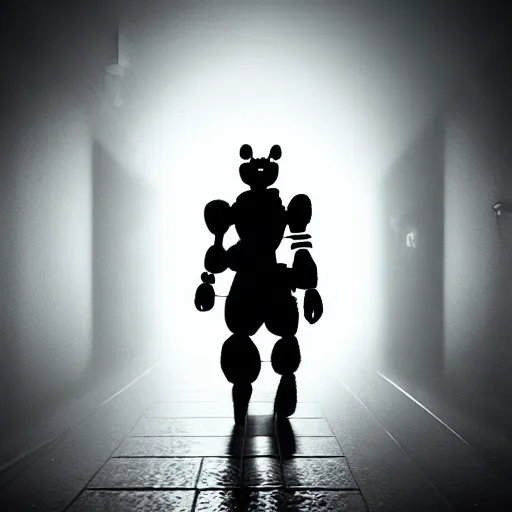 Image similar to portrait, bonnie, FNAF, game screenshot, jumpscare, dramatic lighting, bloody, cinematic, fog, establishing shot, action shot, dynamic pose, running down the hallway, creepy ambience