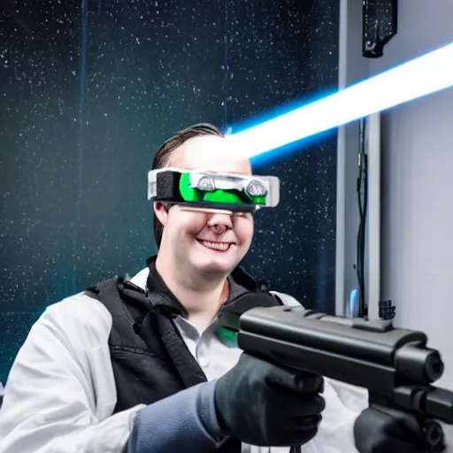 Prompt: a scientist standing in a dark room wearing goggles looks ecstatic while testing out the new laser gun prototype by firing it