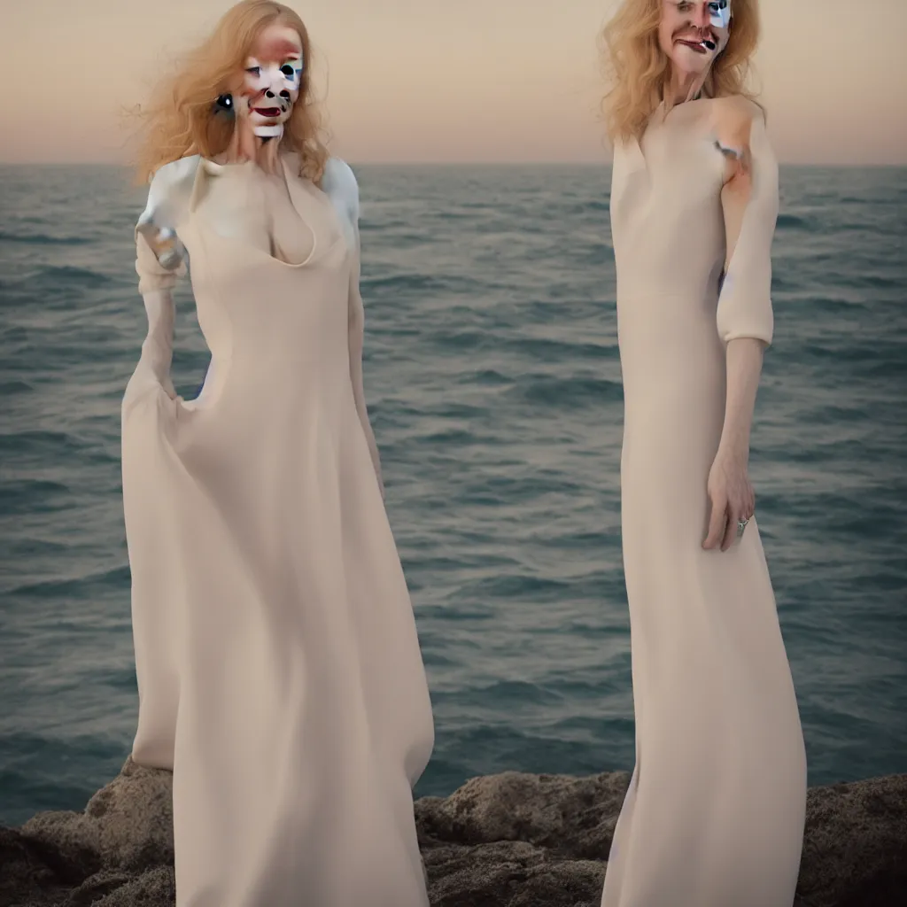 Image similar to a portrait photography of Nicole Kidman with full body dress in white by Flora Borsi, stand up with the sea behind, soft sunset lighting, pastel colors scheme, fine art photography, dramatic backgroung, 50 mm sigma art