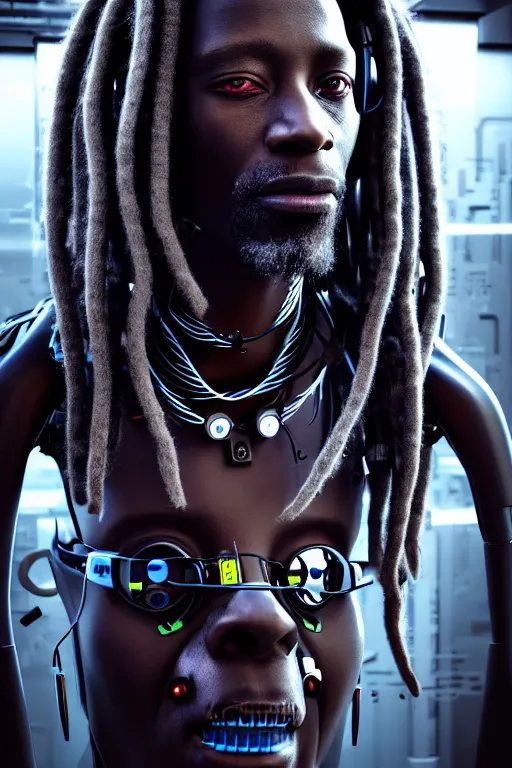 Prompt: a very detailed portrait of a old cyberpunk African man with dreadlocks, biotech, machine, photorealistic, highly detailed rendering with a cyberpunk style_ robotic arms MetaHuman, unreal engine, defined cheekbones, one blind eye, dramatic cinematic lighting