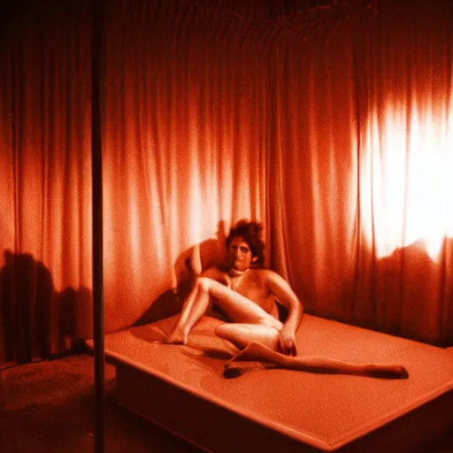 Image similar to a bed, alone in a disco, 1980's style, dramatic lighting