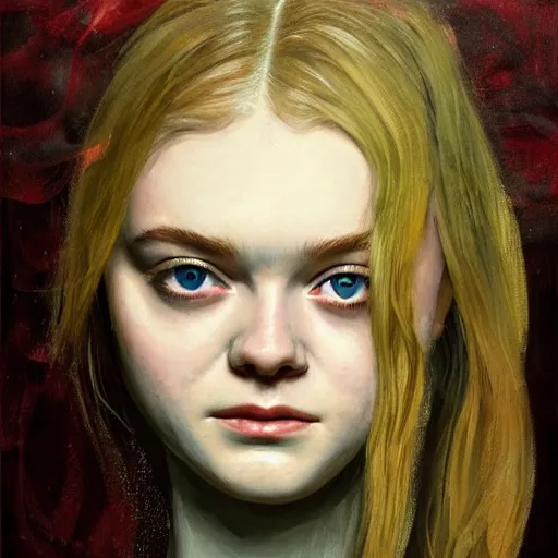 Prompt: professional painting of Elle Fanning in the style of Dave McKean, head and shoulders portrait, symmetrical facial features, smooth, sharp focus, illustration, intricate, stormy weather, extremely detailed masterpiece,