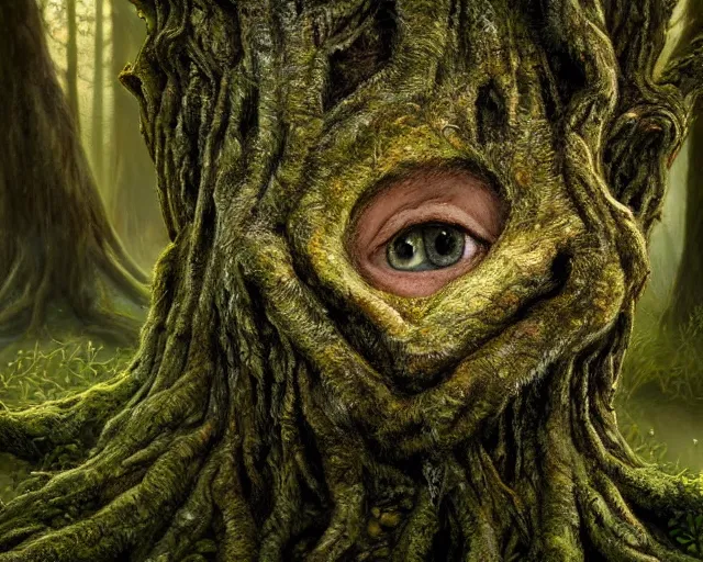 Image similar to a talking oak tree, a face in the bark, nose made of wood, eyes in the bark, fantasy concept art, leaves and moss, digital painting, oil painting, hyperrealistic, beautiful, treebeard, ent, highly detailed, soft lighting, golden sunlight, very detailed eyes, artstation, cgsociety, in the forest, by alan lee, by artgerm