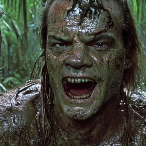 Image similar to cinematic still of jack nicholson, covered in mud and watching a predator in a swamp in 1 9 8 7 movie predator, hd, 4 k