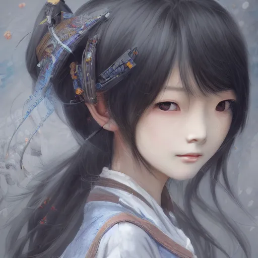 Image similar to dynamic composition, motion, ultra-detailed, incredibly detailed, a lot of details, amazing fine details and brush strokes, colorful and grayish palette, smooth, HD semirealistic anime CG concept art digital painting, watercolor oil painting of a Japanese schoolgirl, by a Chinese artist at ArtStation, by Huang Guangjian, Fenghua Zhong, Ruan Jia, Xin Jin and Wei Chang. Realistic artwork of a Chinese videogame, gradients, gentle an harmonic grayish colors.