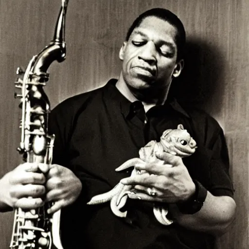 Image similar to john coltrane snuggling a slimy goblin