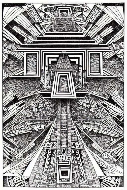 Prompt: a black and white drawing of a mayan temple, a detailed mixed media collage by hiroki tsukuda and eduardo paolozzi and moebius, intricate linework, sketchbook psychedelic doodle comic drawing, geometric, street art, polycount, deconstructivism, matte drawing, academic art, constructivism