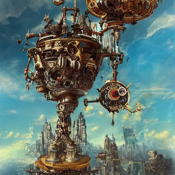 Prompt: flying city in a mechanical flower, sky!, fantasy art, steampunk, masterpiece, behrens style