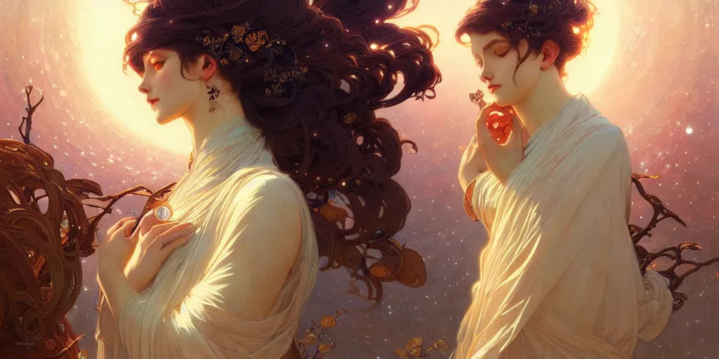 Image similar to a beautiful illustration of a cosmic goddess, intricate, sharp focus, illustration, highly detailed, digital painting, concept art, matte, art by wlop and artgerm and greg rutkowski and alphonse mucha, masterpiece