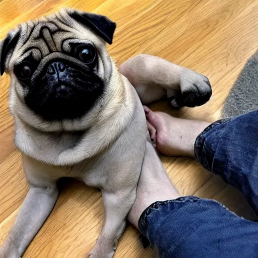 Prompt: a pug whose legs have been replaced with human legs, photo