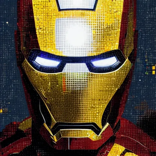 Image similar to mosaic portrait of iron man by greg rutkowski, 4k, intricate details, digital, explosion in the background