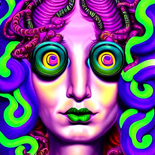 Prompt: an extremely psychedelic portrait of medusa as willy wonka, surreal, lsd, face, detailed, intricate, elegant, lithe, highly detailed, digital painting, artstation, concept art, smooth, sharp focus, illustration