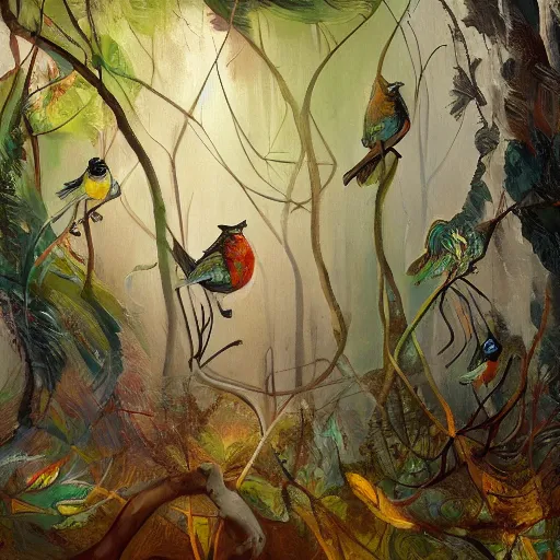 Prompt: of a forest with birds in the style of disco elysium, expressionism, artstation, trending, by aleksander rostov, jenny saville, rembrandt, alex kanevsky, wassily kandinsky, dave mckean, yoshitaka amano