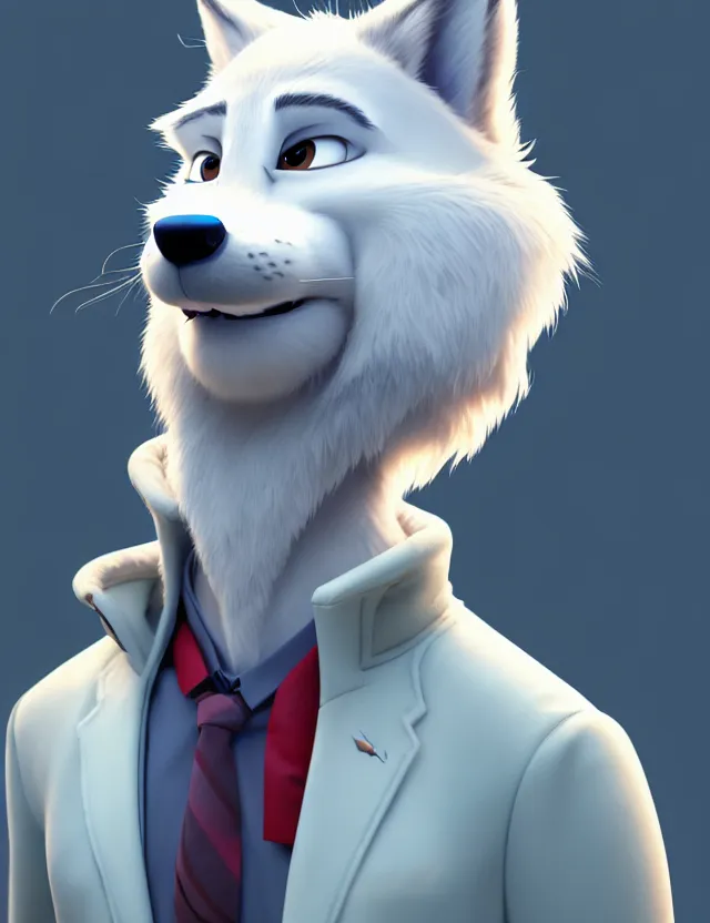 Prompt: portrait of cute male anthropomorphic white wolf in the style of zootopia in cyberpunk city, volumetric light, artstation, concept art, 8 k, high detail, perfect