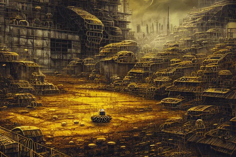 Prompt: simplicity, spaceship river favela honeybee hive, urban environment, industrial factory, apocalyptic, golden, award winning art, epic dreamlike fantasy landscape, ultra realistic,