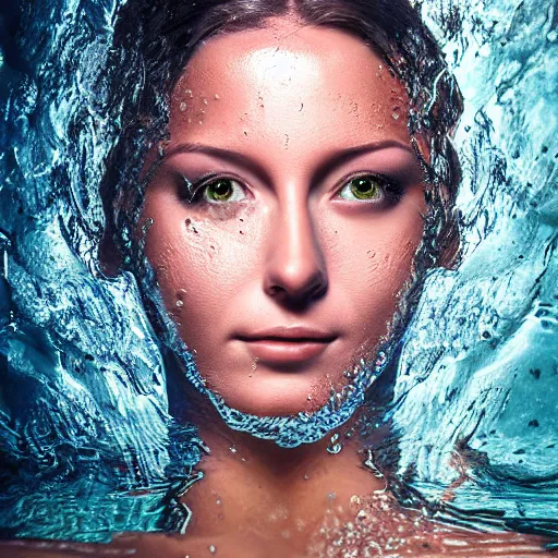 Image similar to water artwork manipulation in the shape of a beautiful female head, on the ocean water, ray tracing, realistic water sharp focus, long shot, 8 k resolution, cinematic, surreal water art