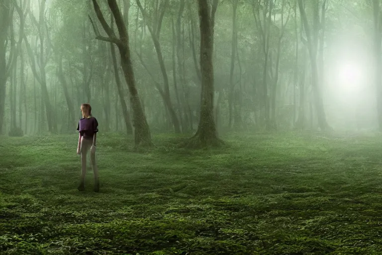 Image similar to a tourist visiting a complex organic fractal 3 d ceramic sphere floating in a lush forest, foggy, cinematic shot, photo still from movie by denis villeneuve