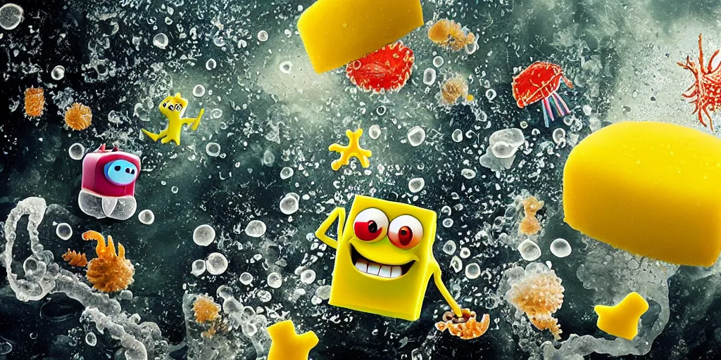 Image similar to sponge bob square pants, fighting with jellyfish. underwater, devastation. lots small air bubbles. war. haze