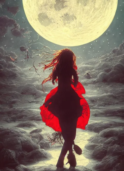 Image similar to portrait, A young witch in front of the full big moon, book cover, red roses, red white black colors, establishing shot, extremly high detail, foto realistic, cinematic lighting, pen and ink, intricate line drawings, by Yoshitaka Amano, Ruan Jia, Kentaro Miura, Artgerm, post processed, concept art, artstation, matte painting, style by eddie, raphael lacoste, alex ross