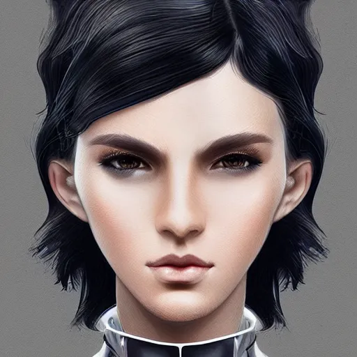 Prompt: portrait of a beautiful dark - haired androgynous space ranger, soft lightning, high detailed, intricate, elegant, smooth, sharp focus, cyberpunk, high contrast, artstation, art by valentina remenar and sora kim,