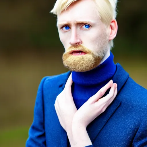 Prompt: A gangly british man, with short blond hair and short blond beard wearing a jacket and turtleneck , blue eyes, pale skin, English heritage, cartoon, mid-shot, 8k