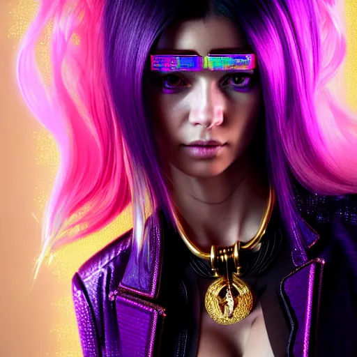 Image similar to hyperdetailed portrait of a stunningly beautiful cyberpunk cutie european girl with dark hair guard made of iridescent metals and shiny pink gems, bright rainbow nimbus, gold necklace, gold background inspired by ross tran and masamune shirow and kuvshinov, intricate, photorealistic, octane render, rtx, hdr, unreal engine, dnd digital art by artgerm