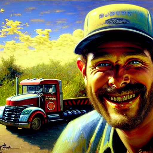 Image similar to beautiful painting of a truck driver sitting in his truck, interior, detailed face, happy smile, trucker hat, painting by gaston bussiere, craig mullins