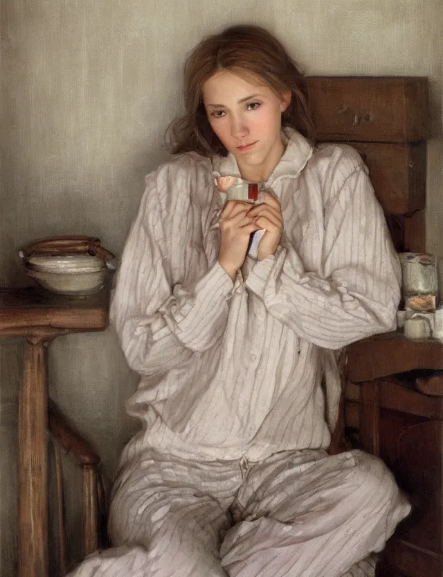 Image similar to Aristocrat girl in the cottage in the morning in a Pajama, country style, portrait, Cinematic focus, Polaroid photo, vintage, neutral colors, soft lights, foggy, by Steve Hanks, by Serov Valentin, by lisa yuskavage, by Andrei Tarkovsky 8k render, detailed, oil on canvas