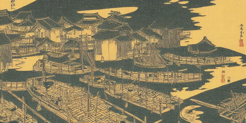 Image similar to woodblock print of a japanese harbor at midnight, beautiful lighting, deep colors, extremely intricate, hyper detailed, hd, edo period masterpiece