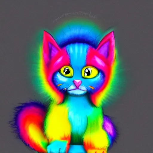 Image similar to wide angle full body, of a fluffy cute rainbow kitten wearing a black leather motorcycle jacket, concept art