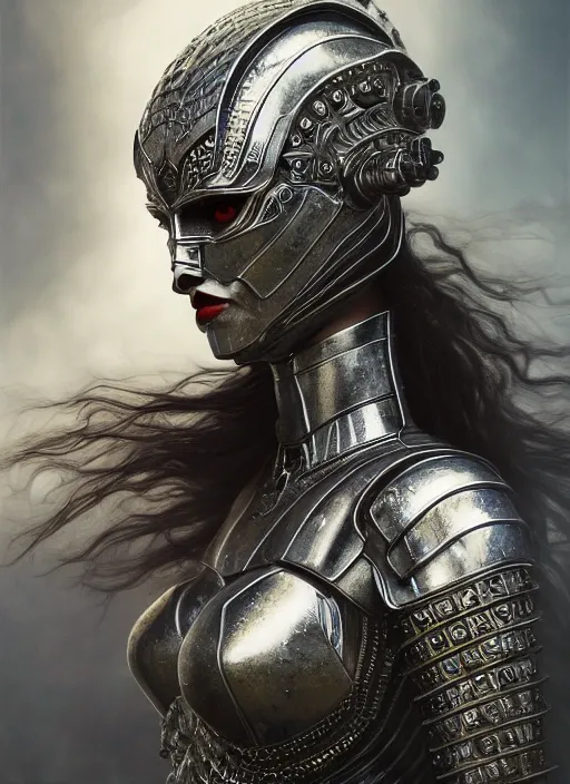 Prompt: hyperrealistic mixed media portrait of a beautiful armored warrior woman, stunning 3d render inspired art by Gerald Brom + perfect facial symmetry + dim volumetric lighting, ornate silver gothic armor, 8k octane beautifully detailed render, post-processing, extremely hyperdetailed, intricate, epic composition, grim yet sparkling atmosphere, cinematic lighting + masterpiece, trending on artstation, Art Nouveau
