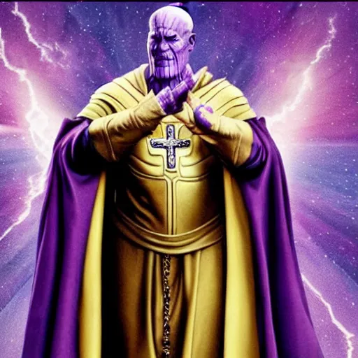 Image similar to thanos is the pope, purple skin, josh brolin, clerical clothes, full body shot, realistic, highly detailed